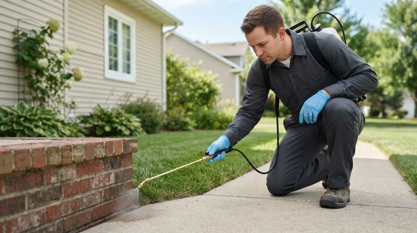 Pest control technician treating a home near Hingham, WI